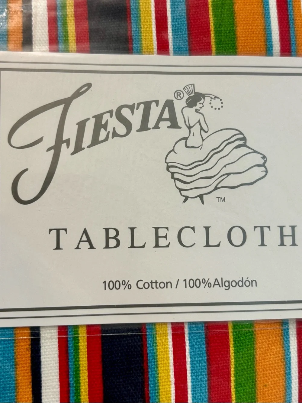 NOS Fiesta 100% Cotton Tablecloth 60” round Fiesta Rainbow Burst - striped new